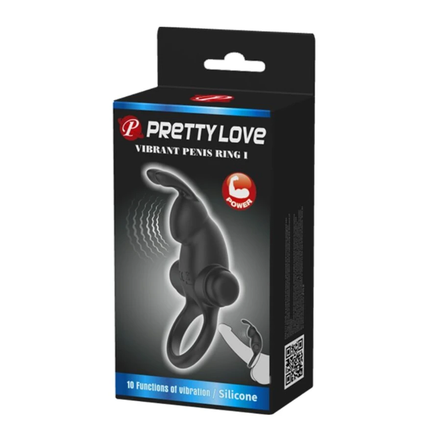 PRETTY LOVE - ANELLO VIBRANTE + STIMOLATORE CLITORIDEO CONIGLIO 10 VIBRAZIONI NERO